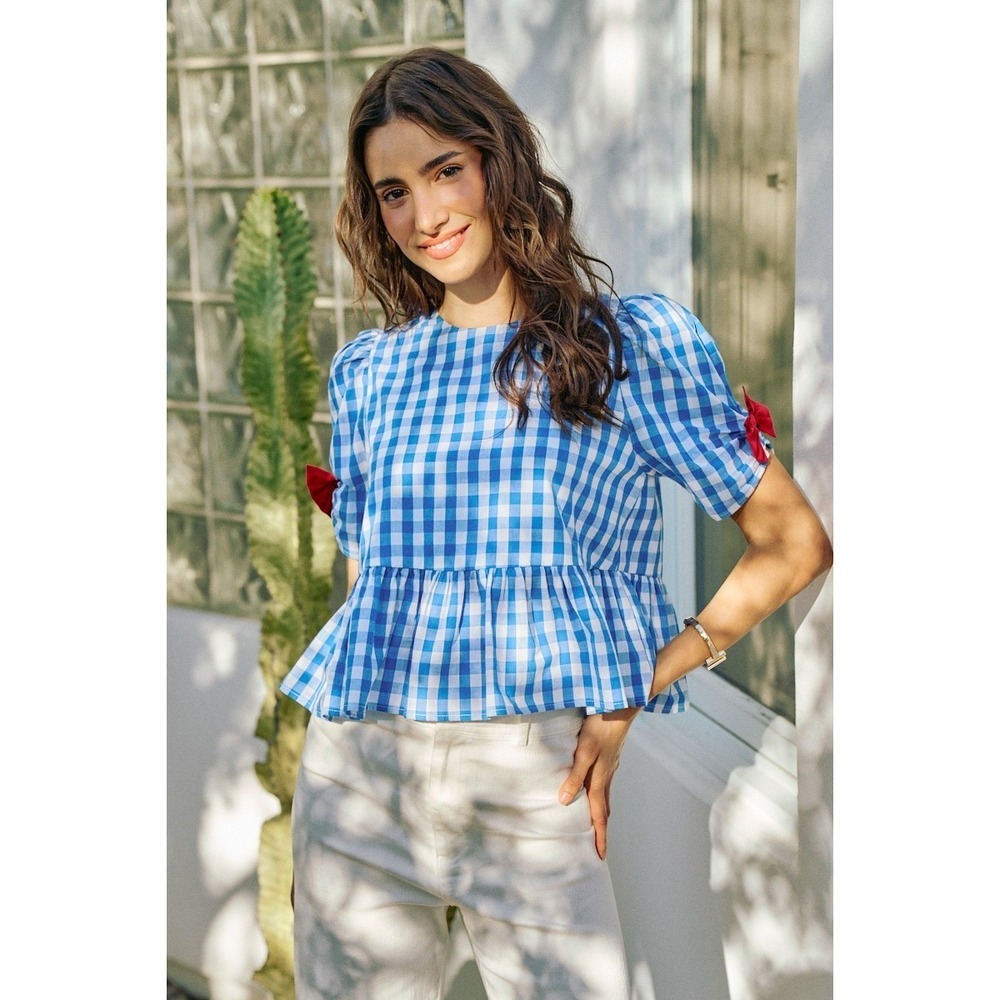 SO ME 4th Of July Gingham Ribbon Detail Short Sleeves Blouse - Large